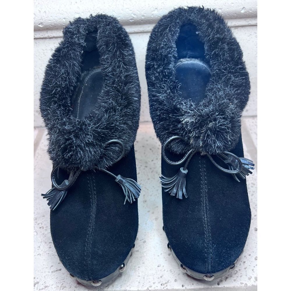 Colin Stuart Black Suede Faux Fur Studded Booties Ankle Clogs Size 7.5